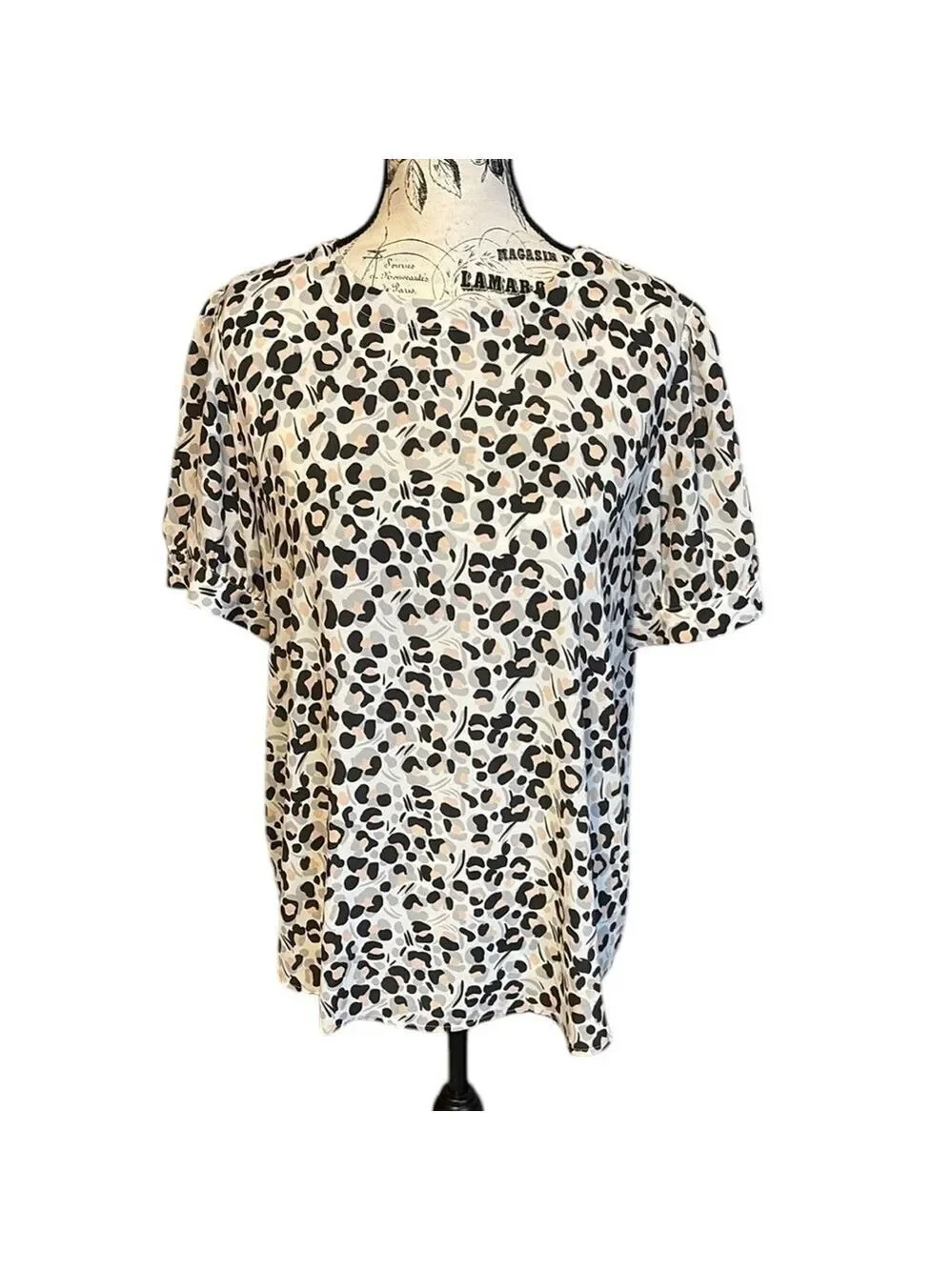 Loft Animal Print Blouse Puff Short Sleeves White Leopard Size M